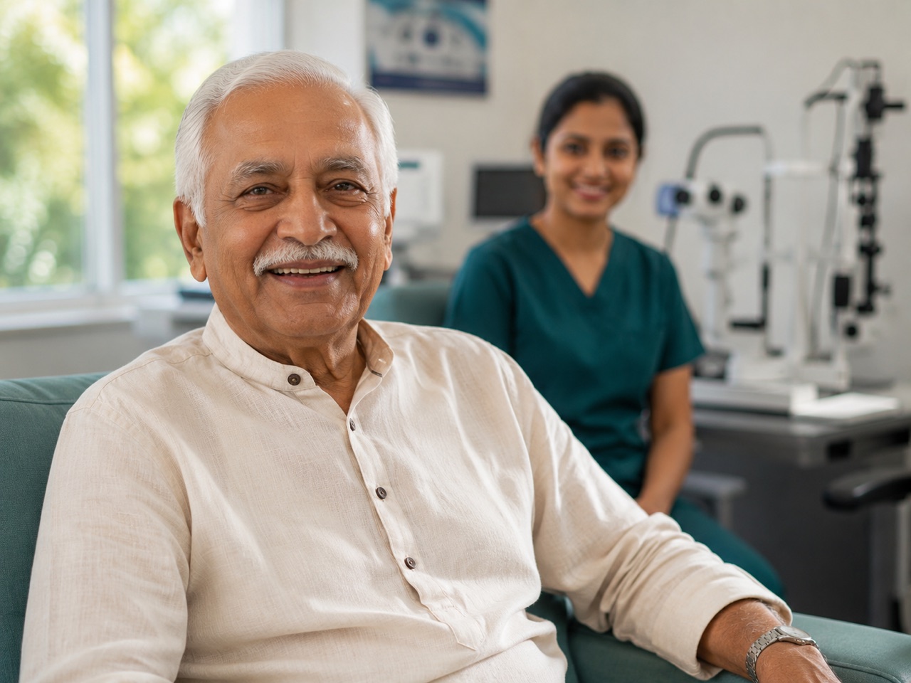 Biometry printout and an unmarked IOL choice card on a cataract counselling desk