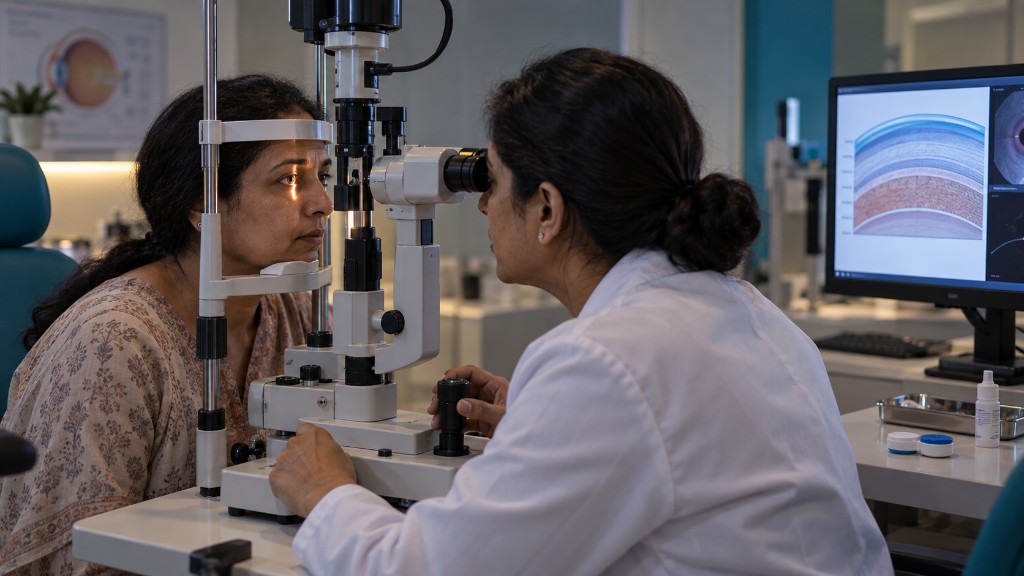 Slit-lamp cornea photograph and an unmarked cost worksheet on a specialist desk