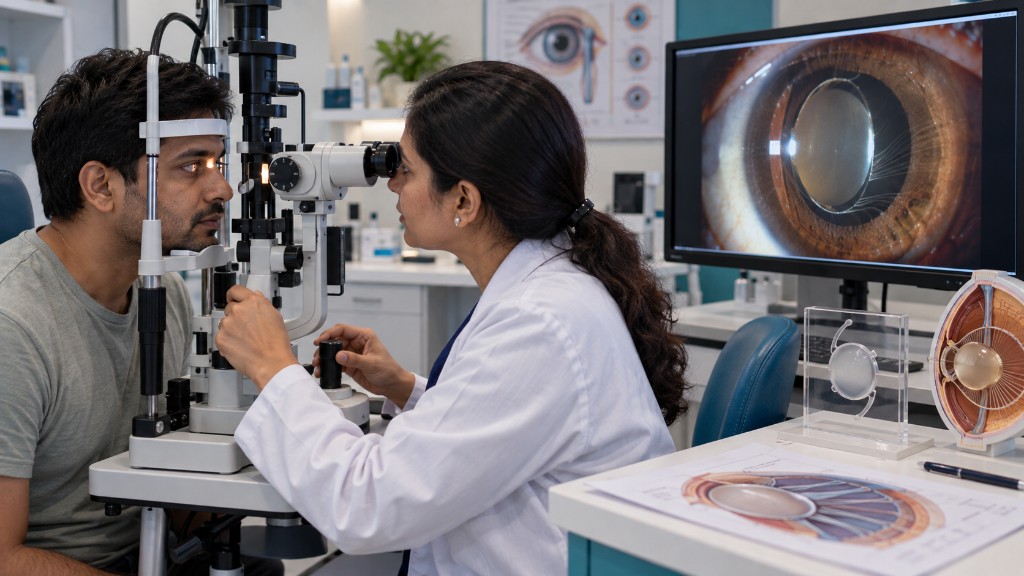 Slit-lamp consult with a decentered lens diagram and an IOL model