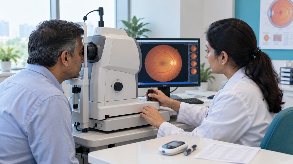 Middle-aged patient having a dilated retinal camera exam