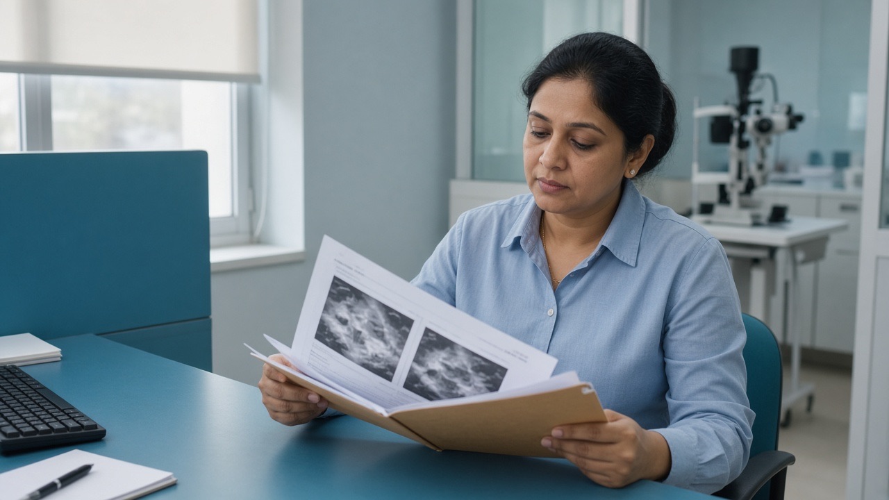 Eye-surgery insurance file with visual-field printouts on a clinic desk