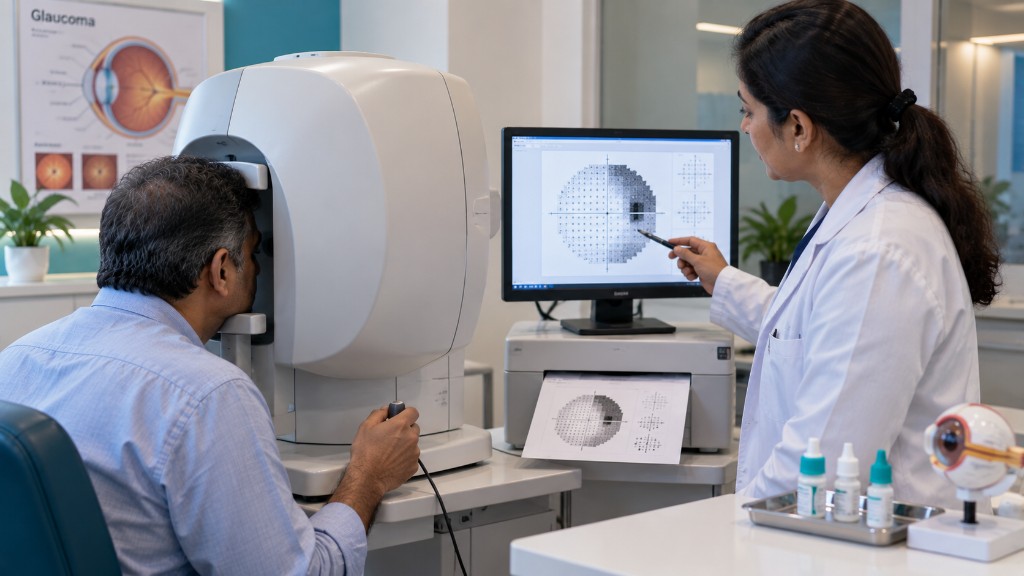 Visual-field test bowl and glaucoma drop bottles