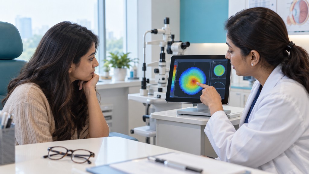 Young adult reviewing a steep cornea map for keratoconus, old glasses on the table