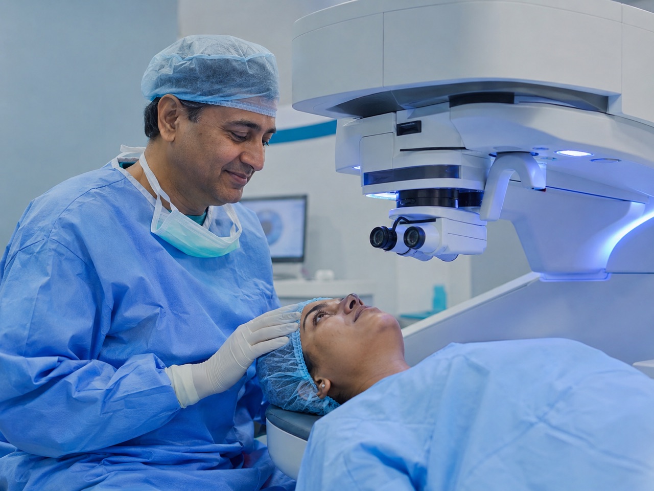 Eye surgeon reassuring a patient before laser vision correction