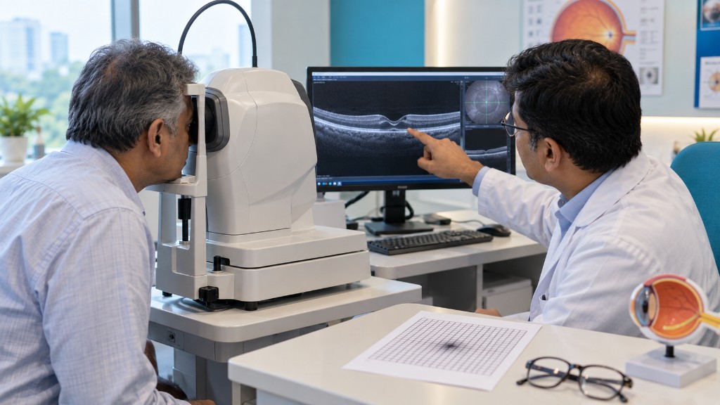 OCT scan of the macula and an Amsler grid on a clinic desk