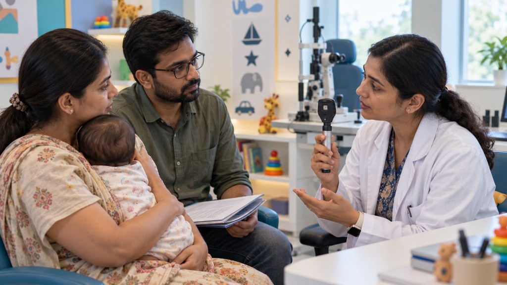 Parents and a clinician in a pediatric eye exam room; infant face not shown