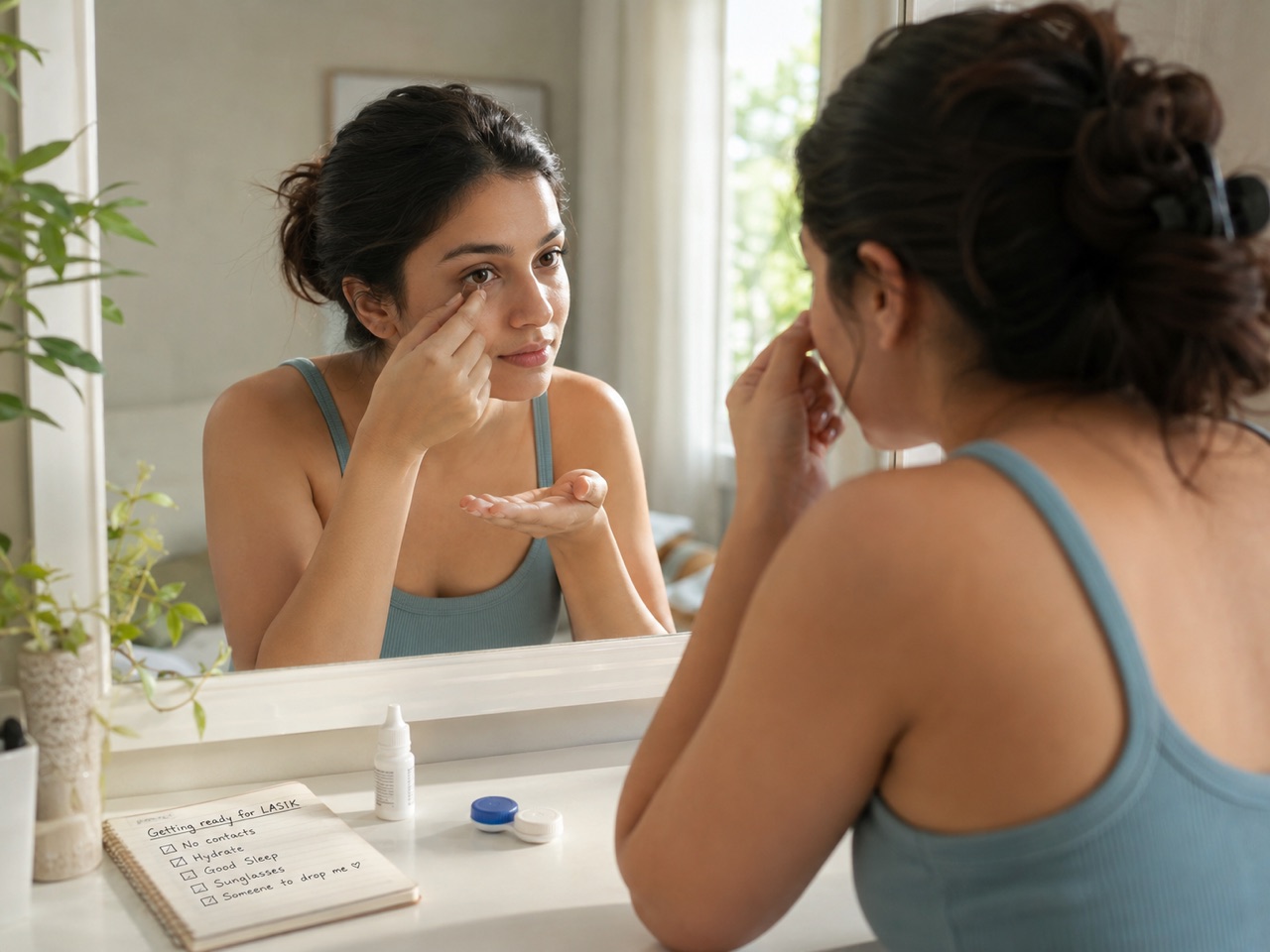 Woman removing her contact lenses while preparing for LASIK surgery