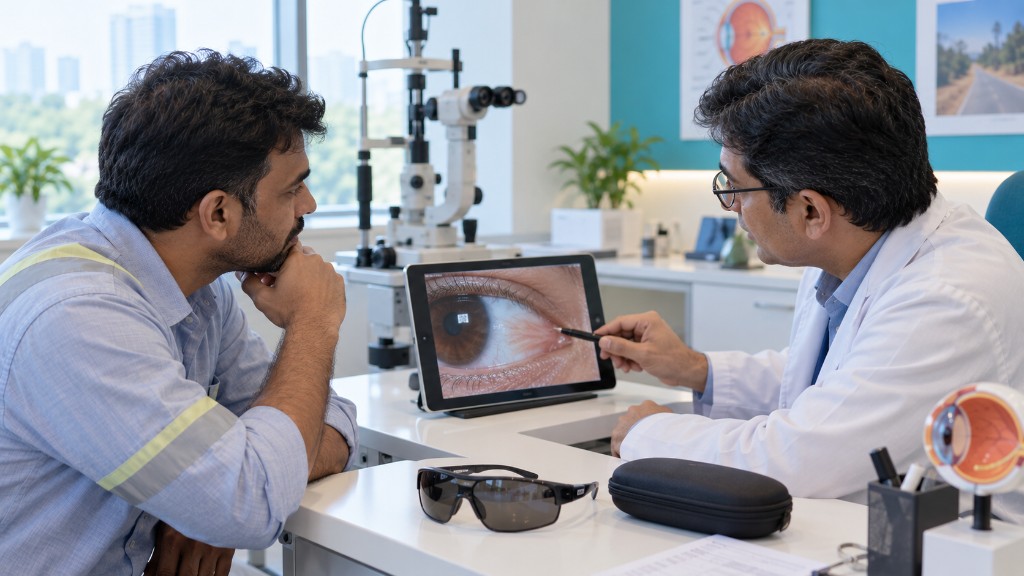Sunglasses on a clinic desk beside a tablet showing a mild pterygium diagram
