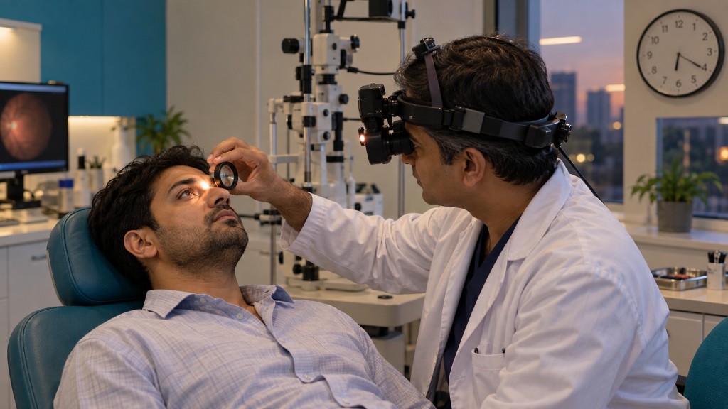 Same-day dilated retina exam with an indirect ophthalmoscope